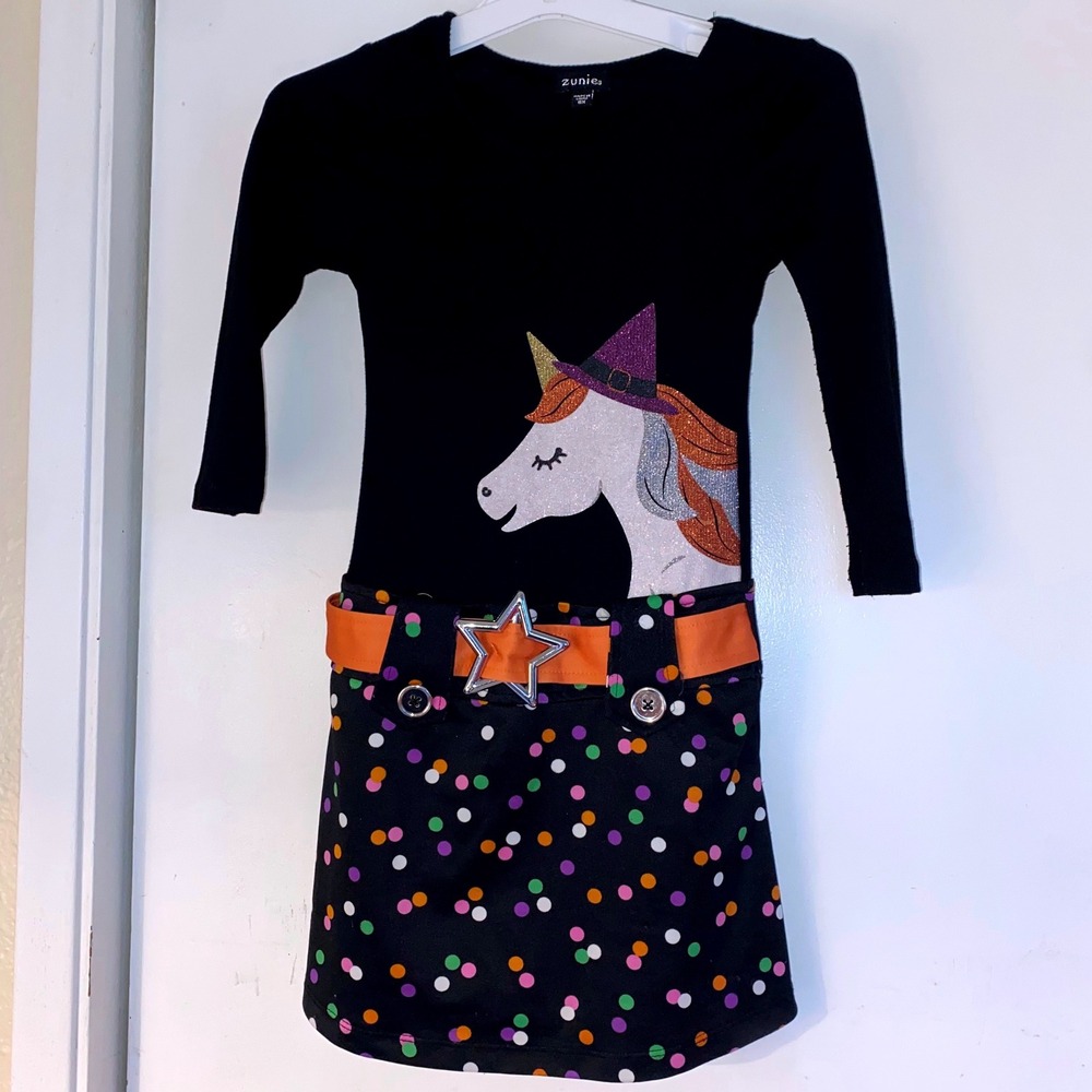 Girls 6x Halloween Dress Black Witch Unicorn Glitter Star Belt Polka Dot